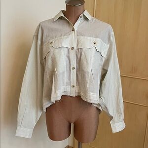 BDG Contemporary City-Chic Boho Green/Cream Stripe Boxy Oversized L SLV Blouse M